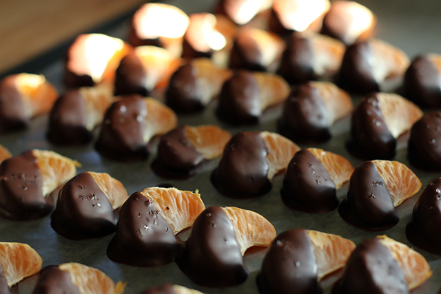 Dark chocolate dipped clementines with sea salt